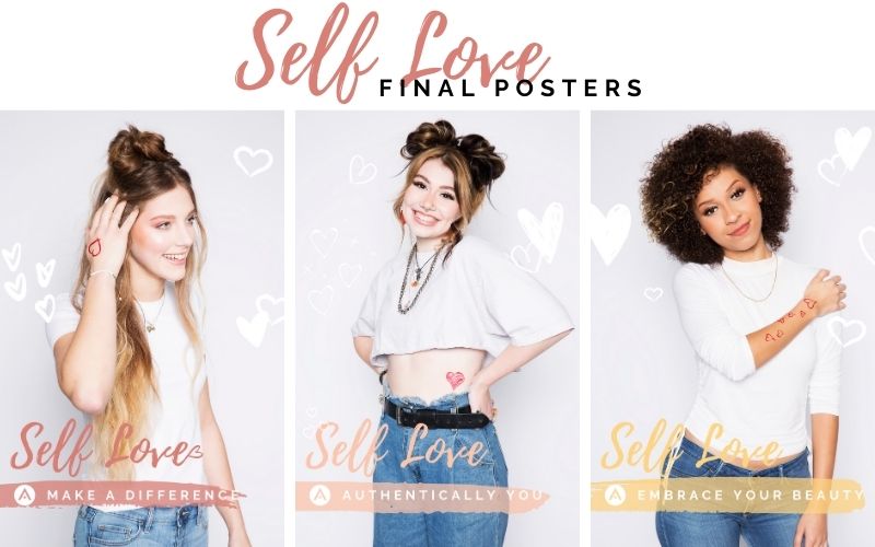 Self love campaign posters with messages about embracing your beauty and making a difference