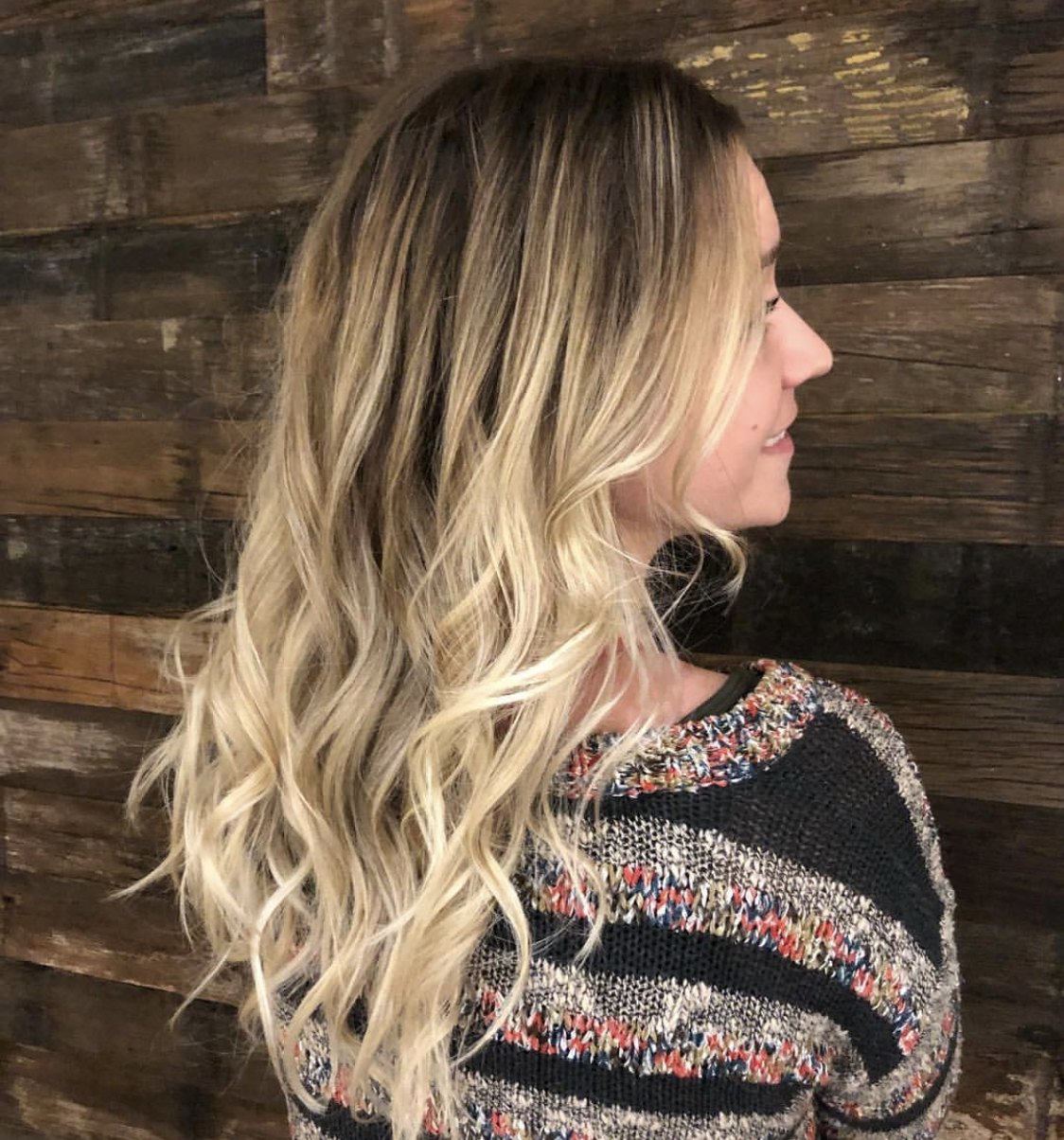 Hair by Aisha S. shadow root, balayage, student work, blonde, aveda, institute