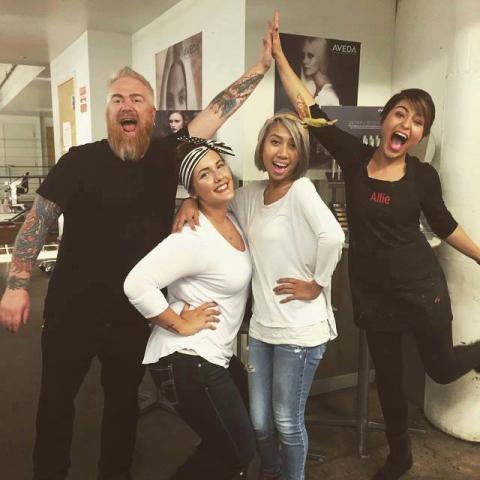Photo of Brian and students Instructor Brian having fun with students